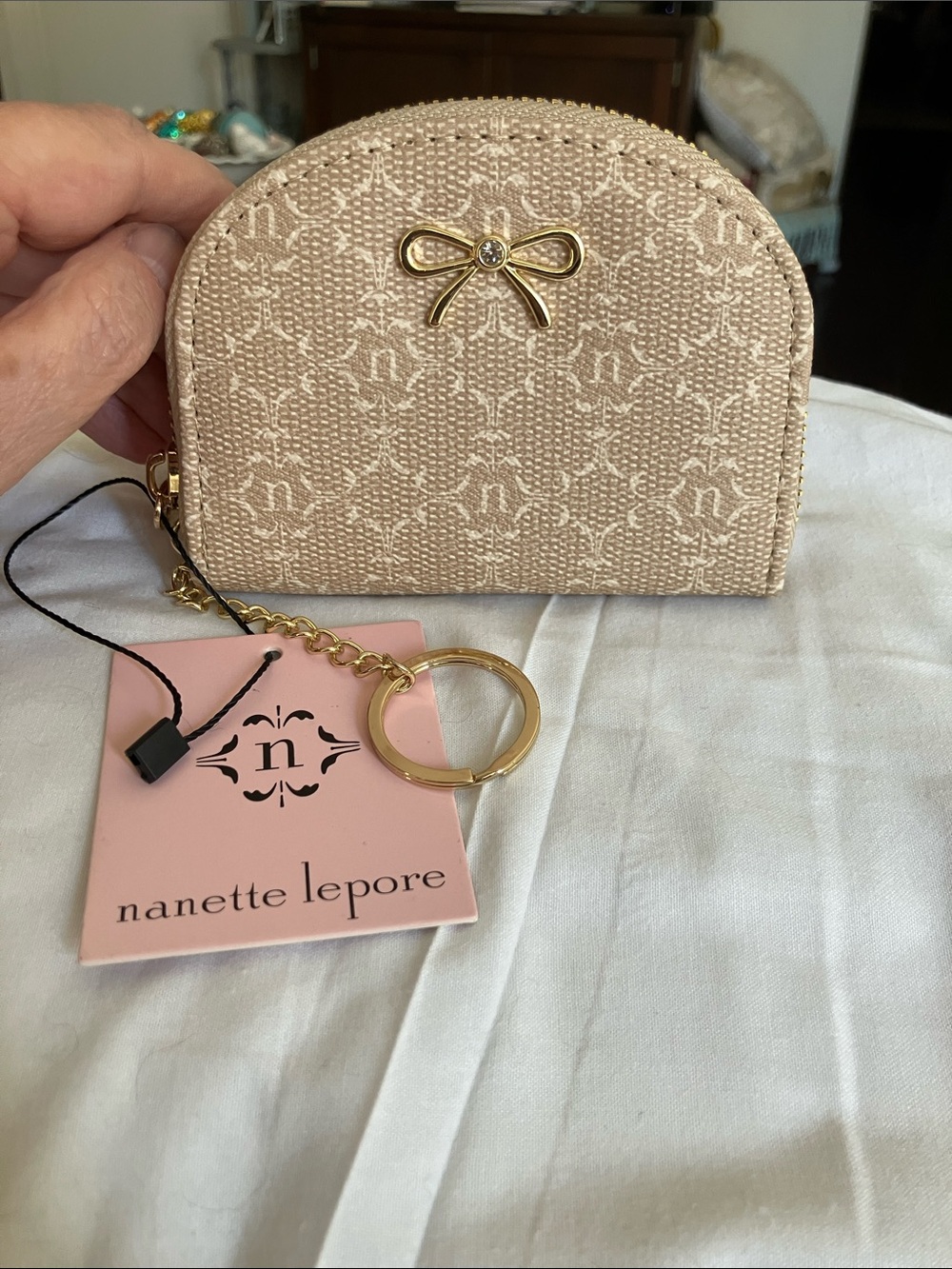 Nanette Lepore Cream Bow Zip Coin Pouch with Gold Keyring